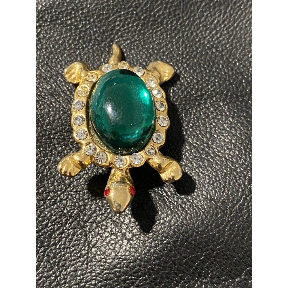 VNTG 50/60's CORO Signed Turtle Green Cabochon Shell Clear Rhinestones Brooch